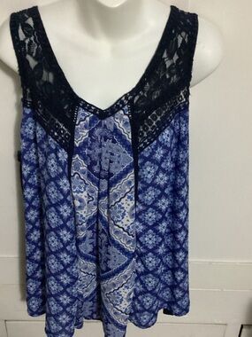 Blue Lace-Trim Printed Women's Tank Top Skylar &Jade size 1X